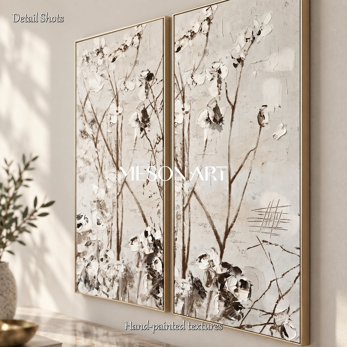 Beige And Black Abstract Floral Art Rectangular Original Artist Hand Painted Textured Wall Decor For Living Room By Mesonart