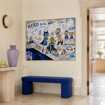 Blue And White Graffiti Cartoon Bowling Art Rectangular Wall Decor Original Artist Hand Painted By Mesonart
