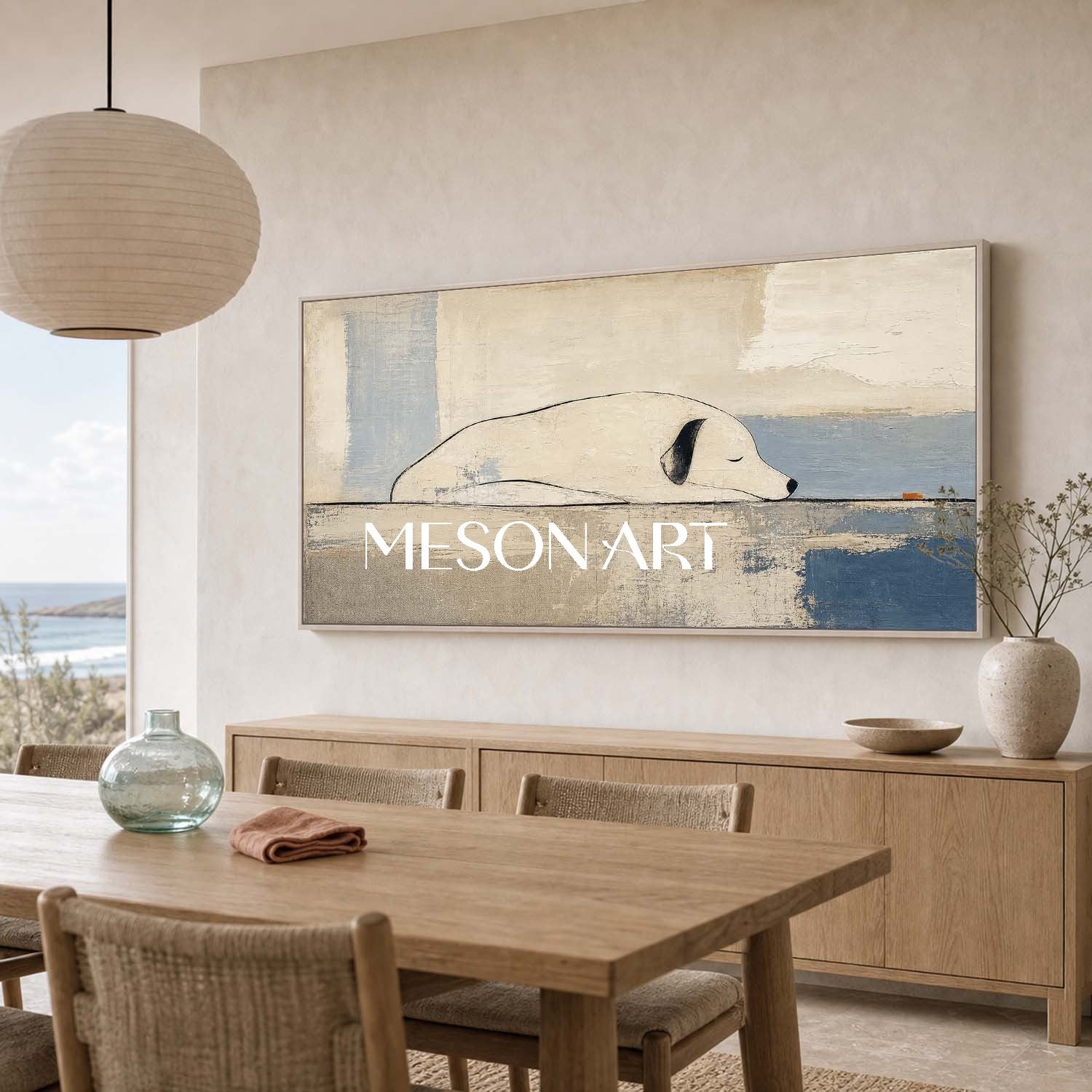Minimalist Dog Canvas Art Beige And Blue Abstract Painting For Living Room And Bedroom Decor