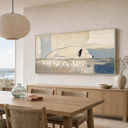 Minimalist Dog Canvas Art Beige And Blue Abstract Painting For Living Room And Bedroom Decor