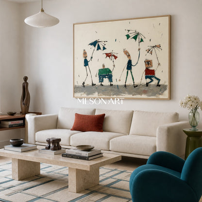 Beige Green Graffiti Figurative Cartoon Art Rectangular Wall Decor For Living Room By Mesonart