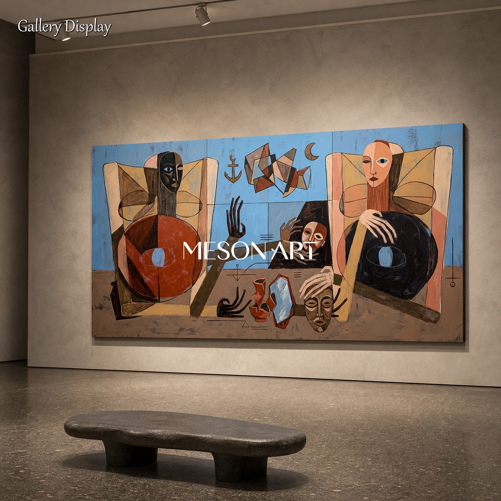 Blue And Brown Expressionist Figurative Abstract Painting Panoramic Wall Art For Living Room By Mesonart