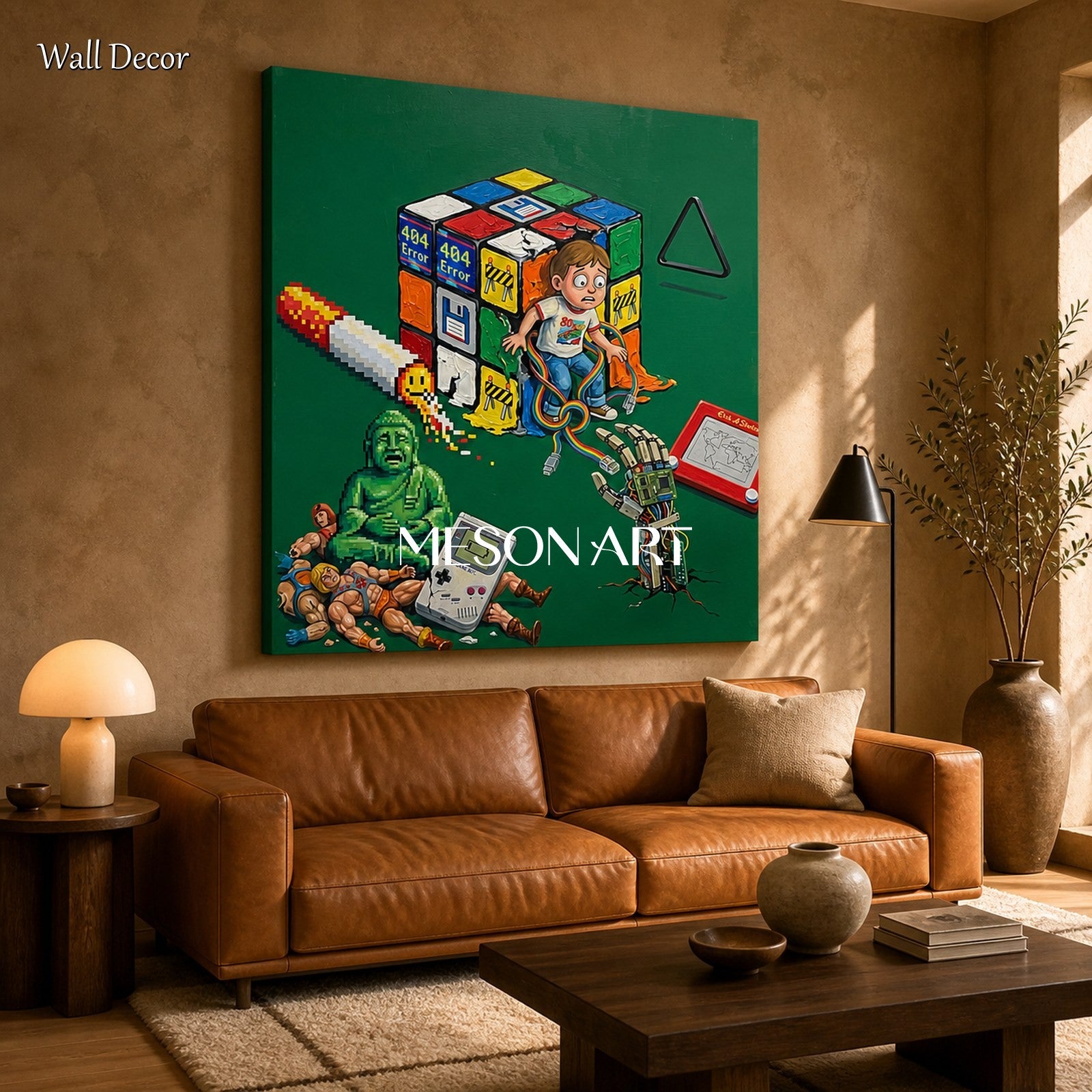 Green And Yellow Surrealist Painting Contemporary Art Rectangular Wall Decor For Living Room By Mesonart