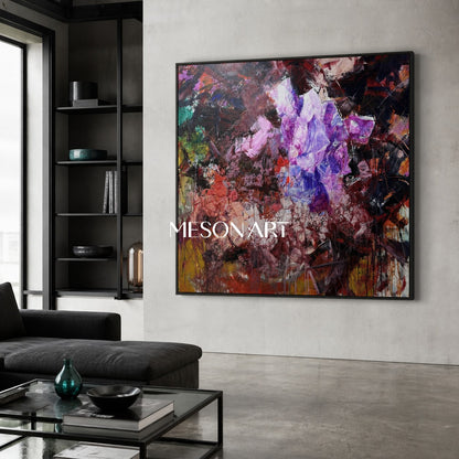 Original Purple Crystal Painting, Heavy Texture Abstract Canvas, Luxury Living Room Wall Decor, Modern Impasto Oil Artwork, Sculptural Strokes Art Piece, Expressionist Colorful Centerpiece, Large Framed Square Artwork, 3D Plaster Mineral Decor, High End Collector Artwork, Dark Red Background Contemporary Art.