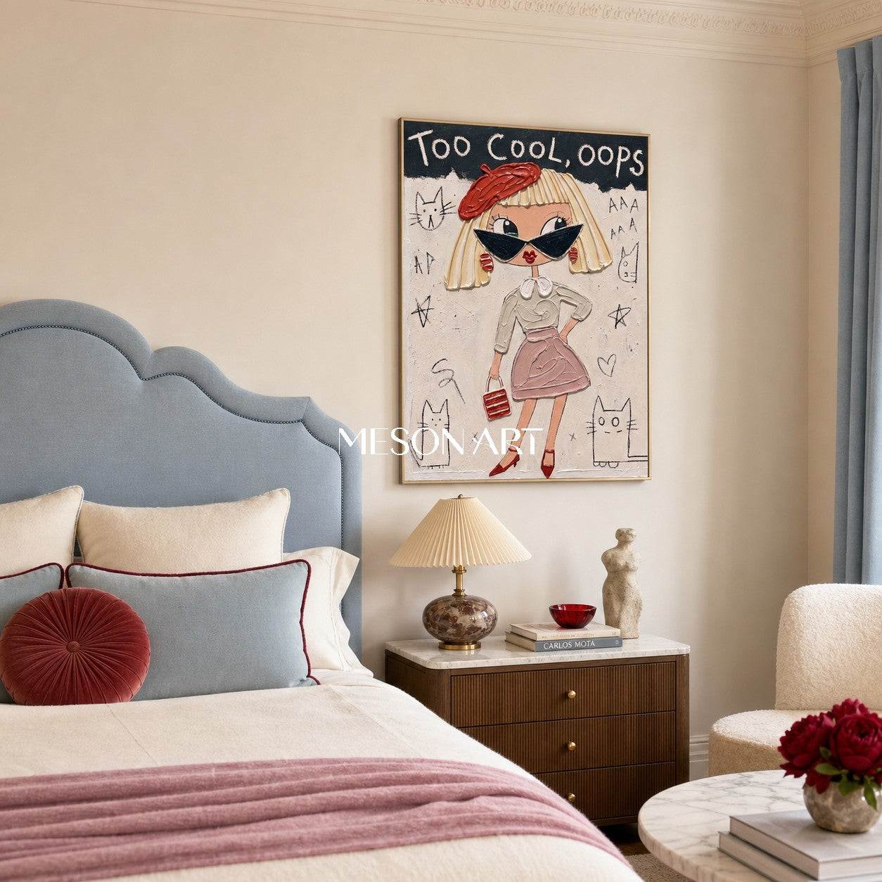 Playful Pop Art Cartoon Girl Painting With Red Beret For Contemporary Bedroom Decor