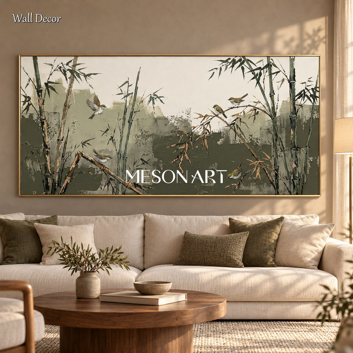 Green And Beige Bamboo And Warbler Art Panoramic Wall Decor For Living Room By Mesonart
