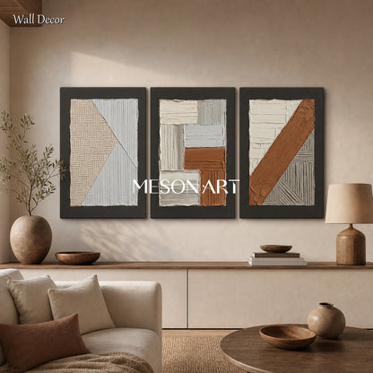 Minimalist Brown White Textured Wall Art Triptych For Modern Living Room Decor