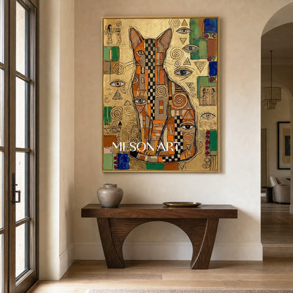Luxury Golden Egyptian Cat Painting With Geometric Mosaic And Symbolic Eyes For Living Room Decor