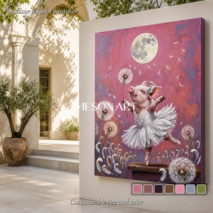 Pink And White Surrealist Painting Of Swan Dancing Pig Original Artist Rectangular Wall Art For Bedroom By Mesonart