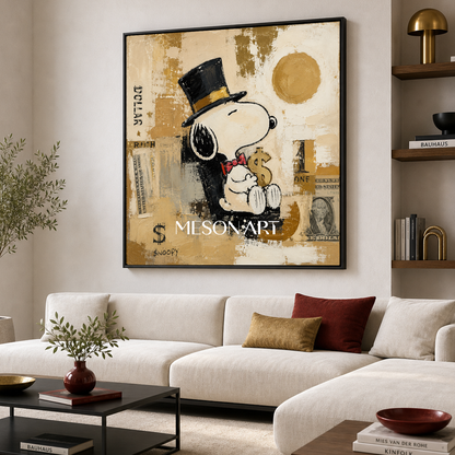 Snoopy Pop Art Painting With Gold Accents For Modern Living Room Decor