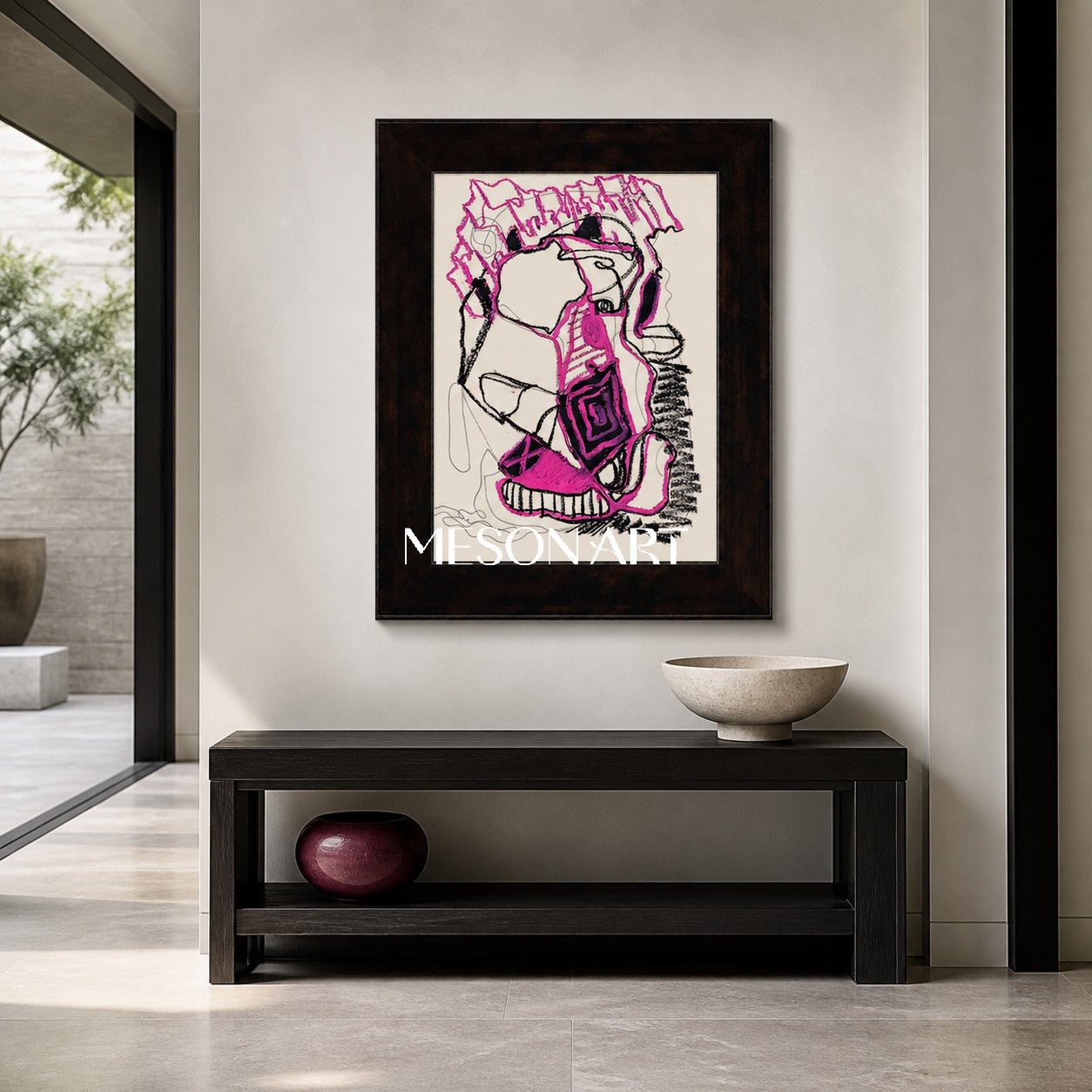 Pink And Black Painting Contemporary Original Artwork Rectangular Wall Decor For Living Room By Mesonart
