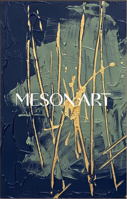 Blue And Gold Abstract Expressionism Painting Rectangular Wall Art For Living Room By Mesonart