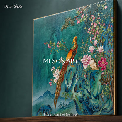 Green And Pink Gongbi Bird And Blossom Painting Square Wall Art Original Artist Hand Painted By Mesonart