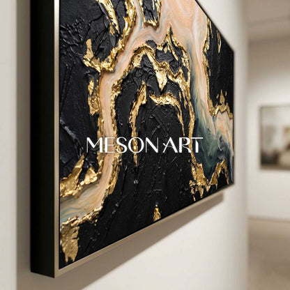 Gilded Tides Abstract Plaster Painting With Gold Leaf For Art Deco Living Room Entryway