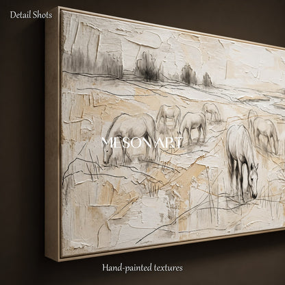 Beige And White Horses Grazing Minimalist Painting Original Artist Panoramic Wall Art For Living Room By Mesonart