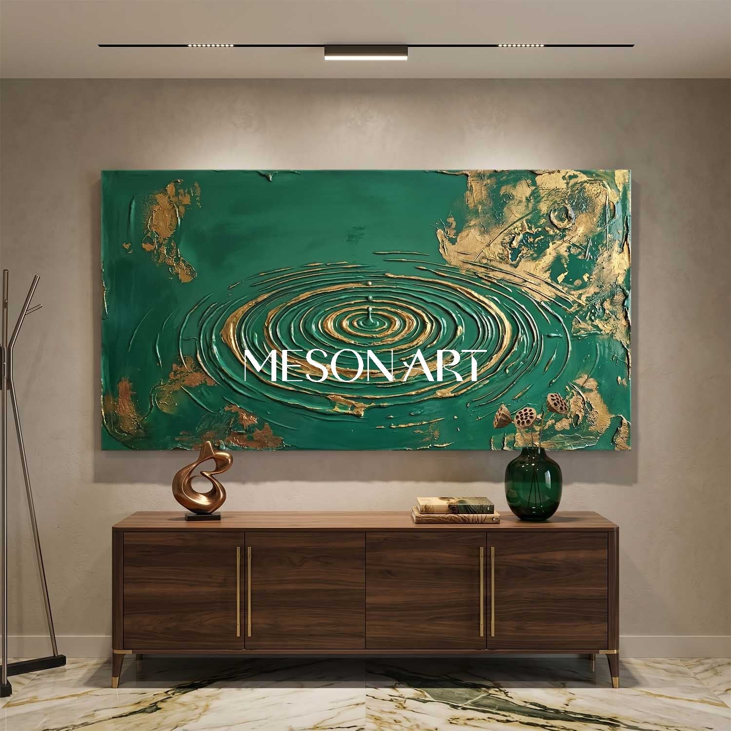 Large Green And Gold Abstract Wall Art For Modern Living Room Decor