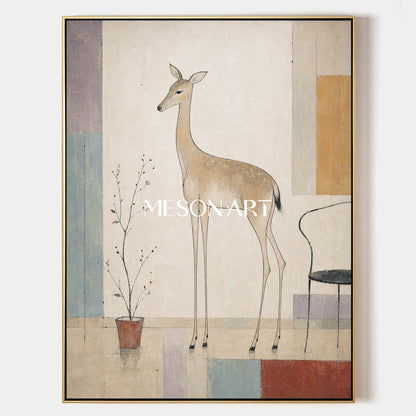 Minimalist Deer Painting With Geometric Shapes For Modern Living Room And Bedroom Decor