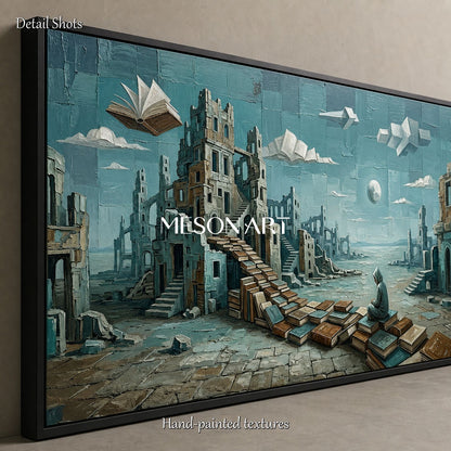Large Surreal Painting Of Ancient Ruins And Floating Books For Home Office Decor