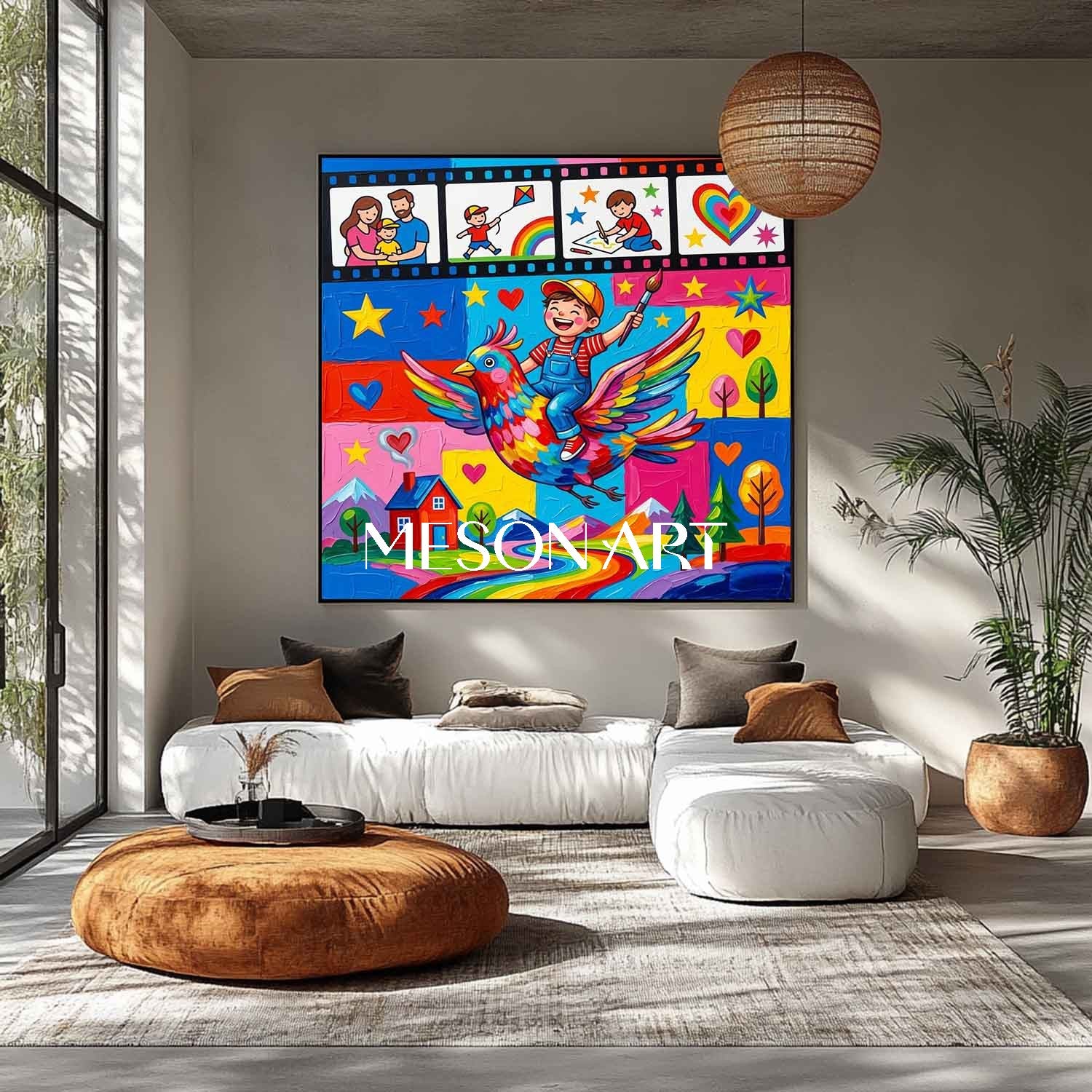 Happy Family Graffiti Art For Kids Room With Colorful Cartoon Bird Painting