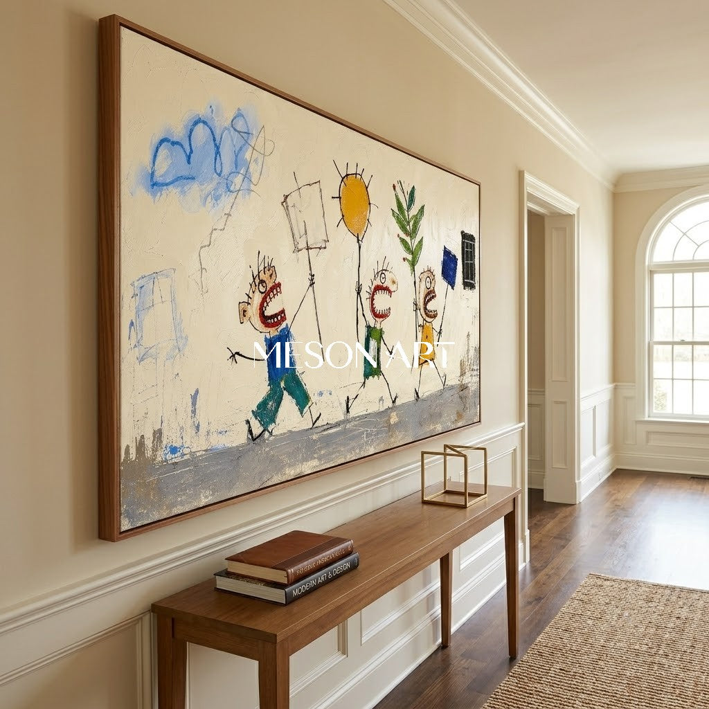Whimsical Pop Art Painting With Bold Characters And Textured Impasto For Modern Living Room Decor