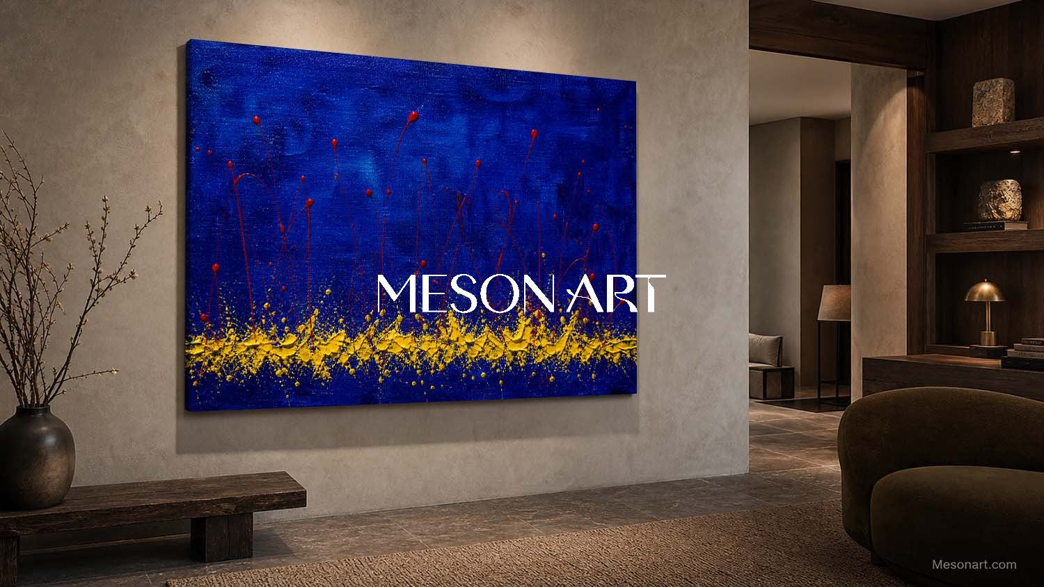 Original Blue And Red Abstract Art With Yellow Texture For Modern Living Room Decor