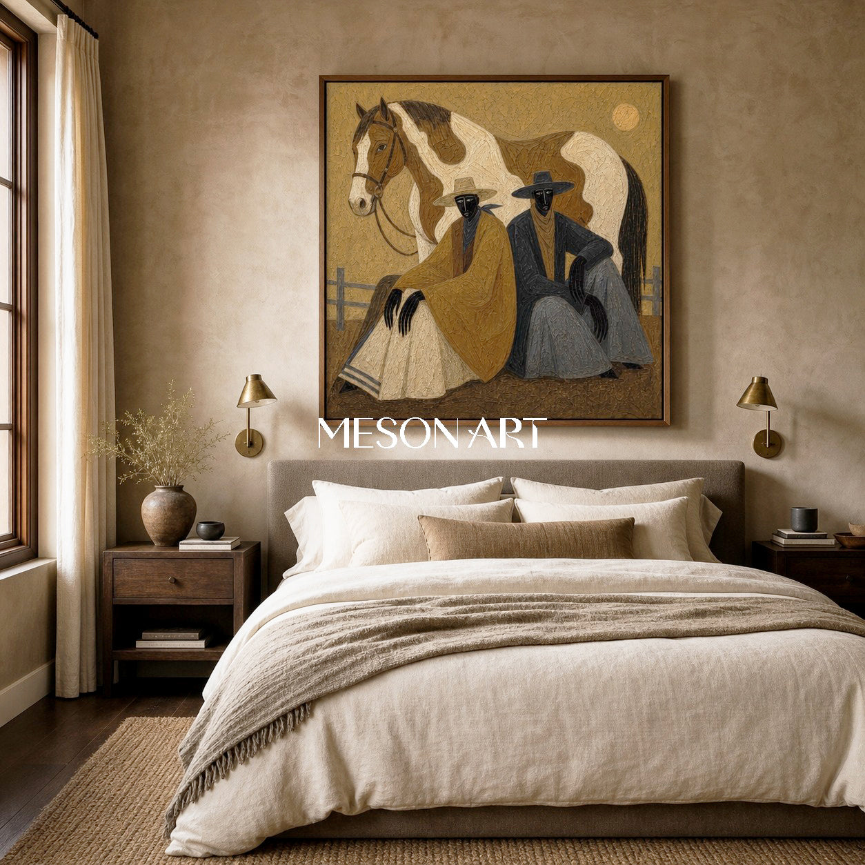Earthy Textured Cowboy And Horse Painting For Modern Farmhouse Living Room Decor
