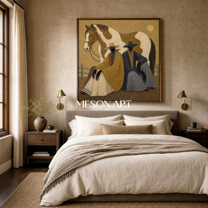 Earthy Textured Cowboy And Horse Painting For Modern Farmhouse Living Room Decor