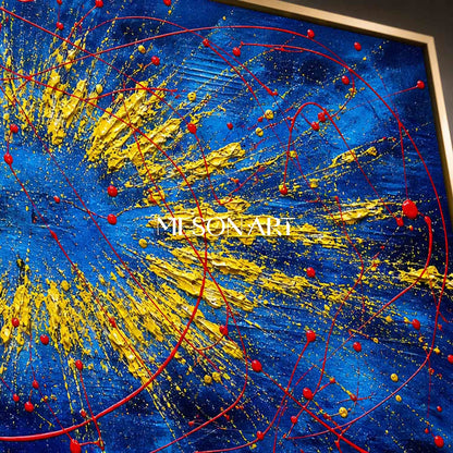Bold Abstract Blue And Gold Painting With Textured Relief For Modern Living Room Decor