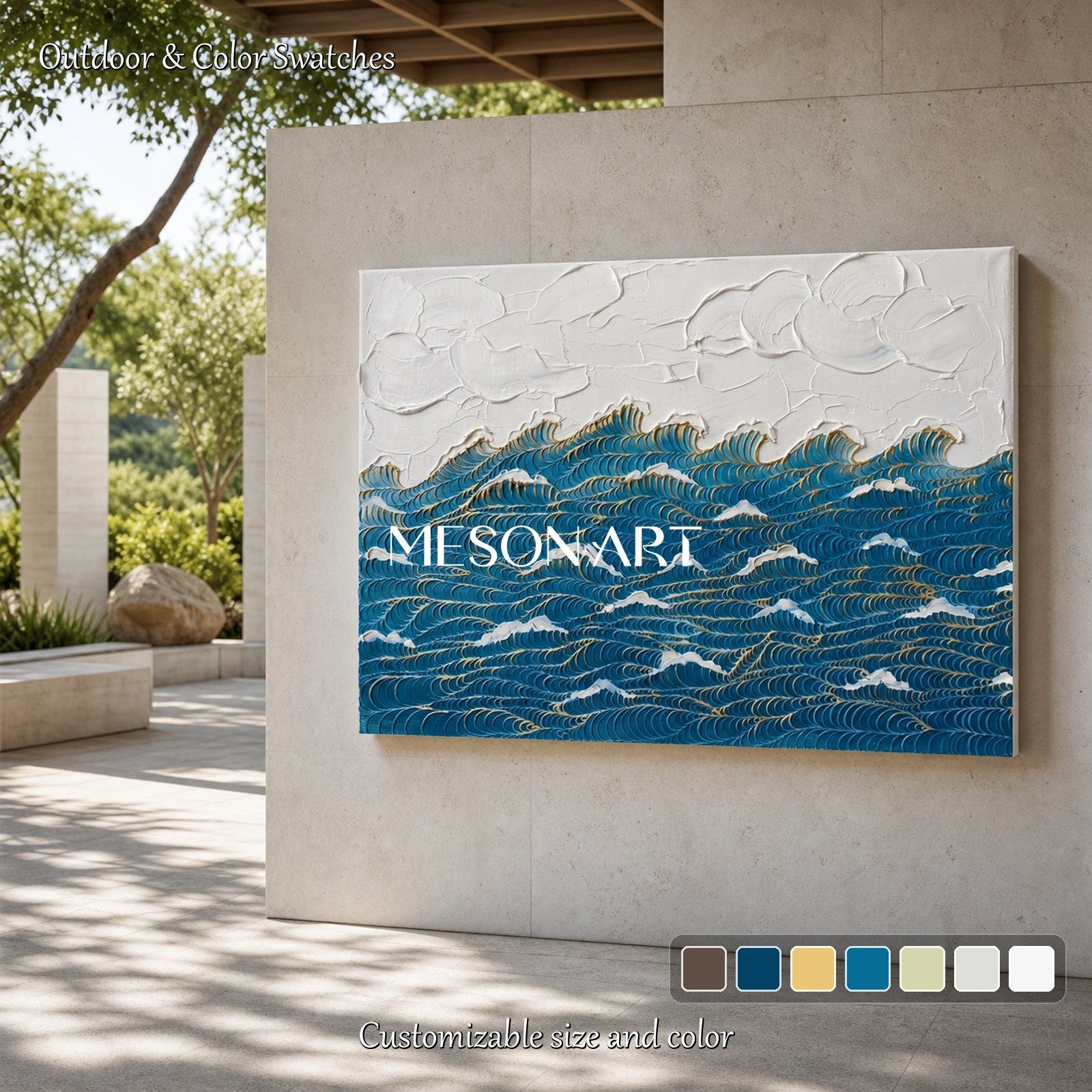 Blue And Gold Ocean Wave Painting Art Deco Style Textured Wall Art For Living Room