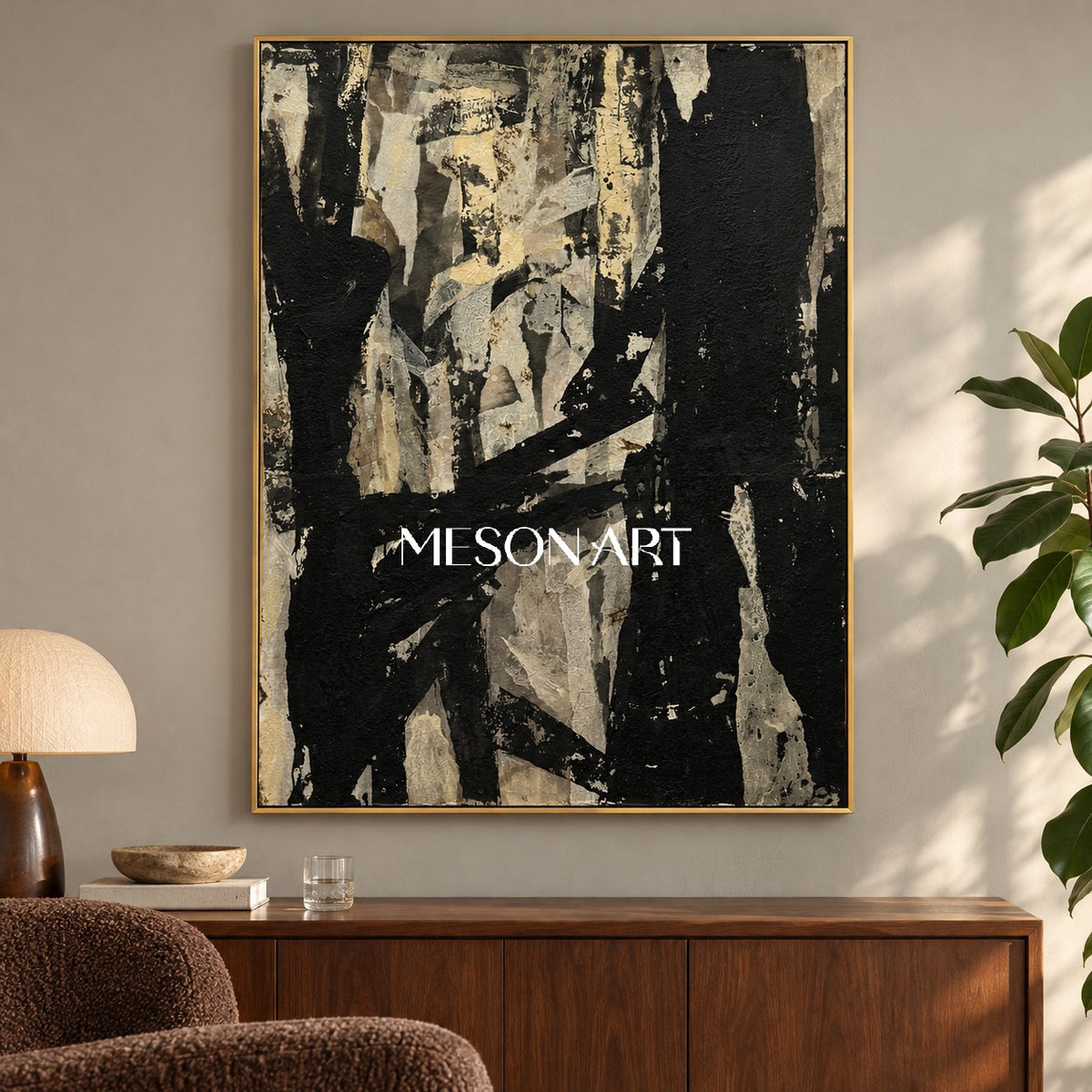 Black And Gold Abstract Art Original Painting Textured Modern Wall Art For Living Room By Mesonart