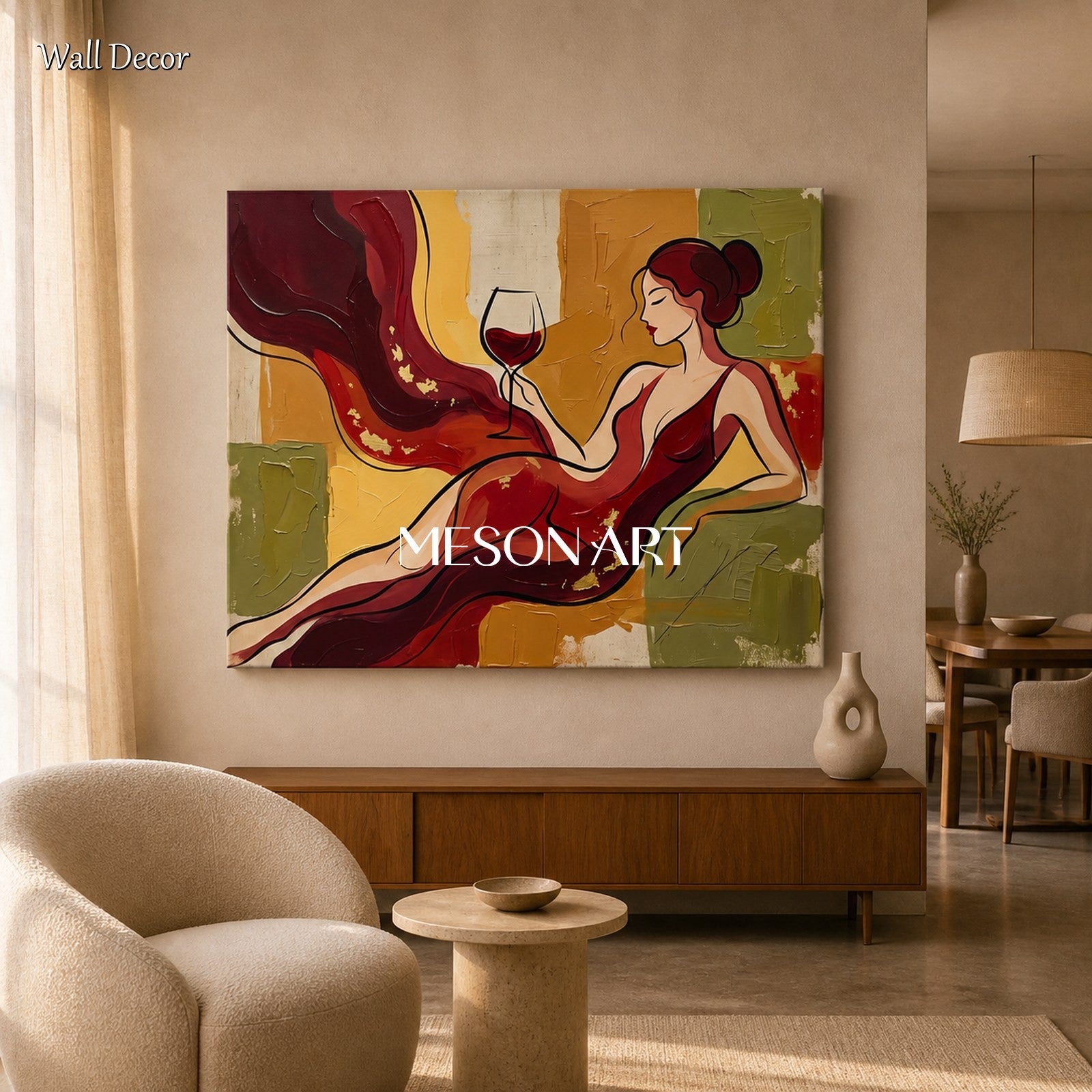 Red And Gold Painting Contemporary Art Wine Culture Original Artist Rectangular Wall Art For Dining Room By Mesonart
