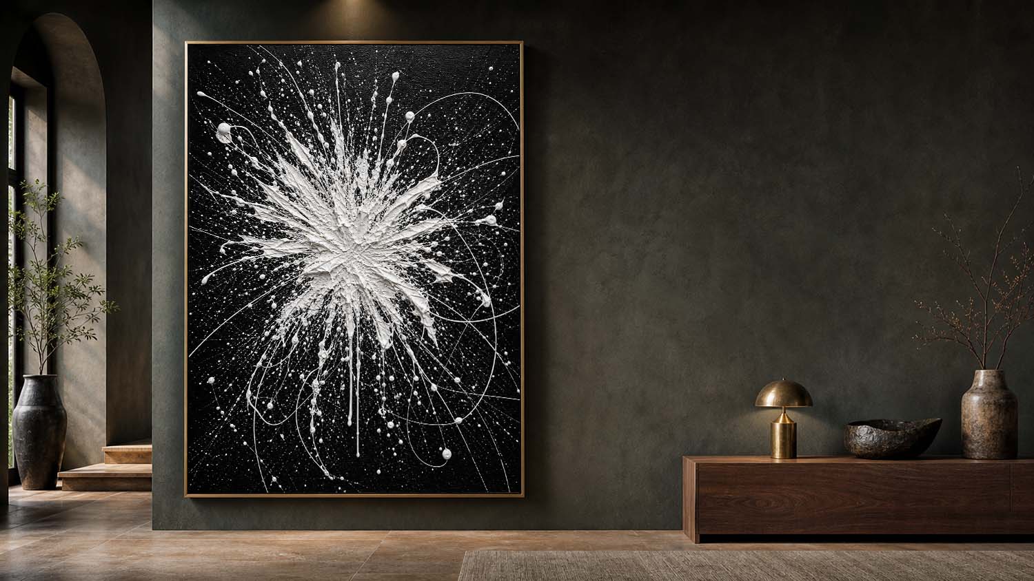 Pollock Abstract Style Black White Textured Relief Painting For Modern Living Room Entryway