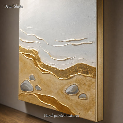 3D Textured Gold Beach Painting With Metallic Accents For Modern Living Room Decor