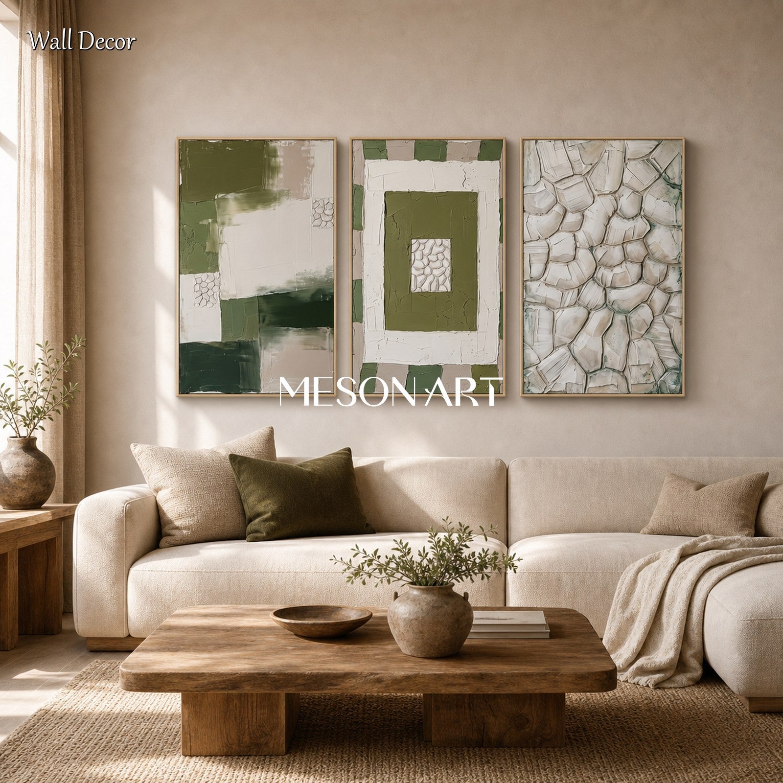 Green And White Abstract Triptych With Textured Relief For Modern Living Room Decor