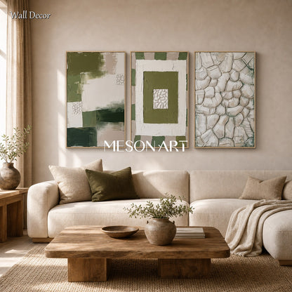 Green And White Abstract Triptych With Textured Relief For Modern Living Room Decor