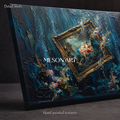 Blue And Gold Surrealism Art Contemporary Symbolic Painting Rectangular Wall Decor For Living Room By Mesonart