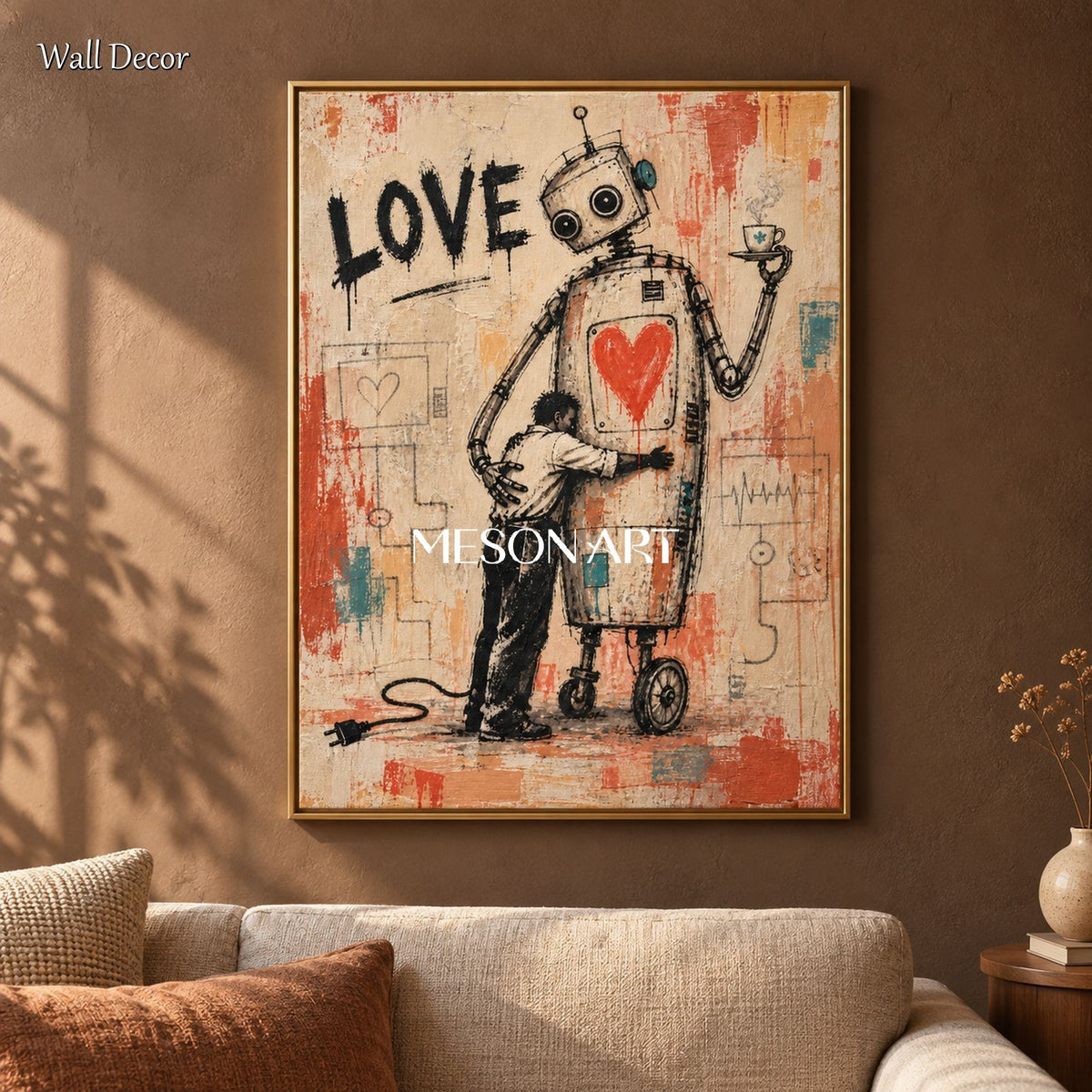 Red And Beige Abstract Pop Art Painting Original Artist Hand Painted On Canvas Rectangular Wall Decor By Mesonart