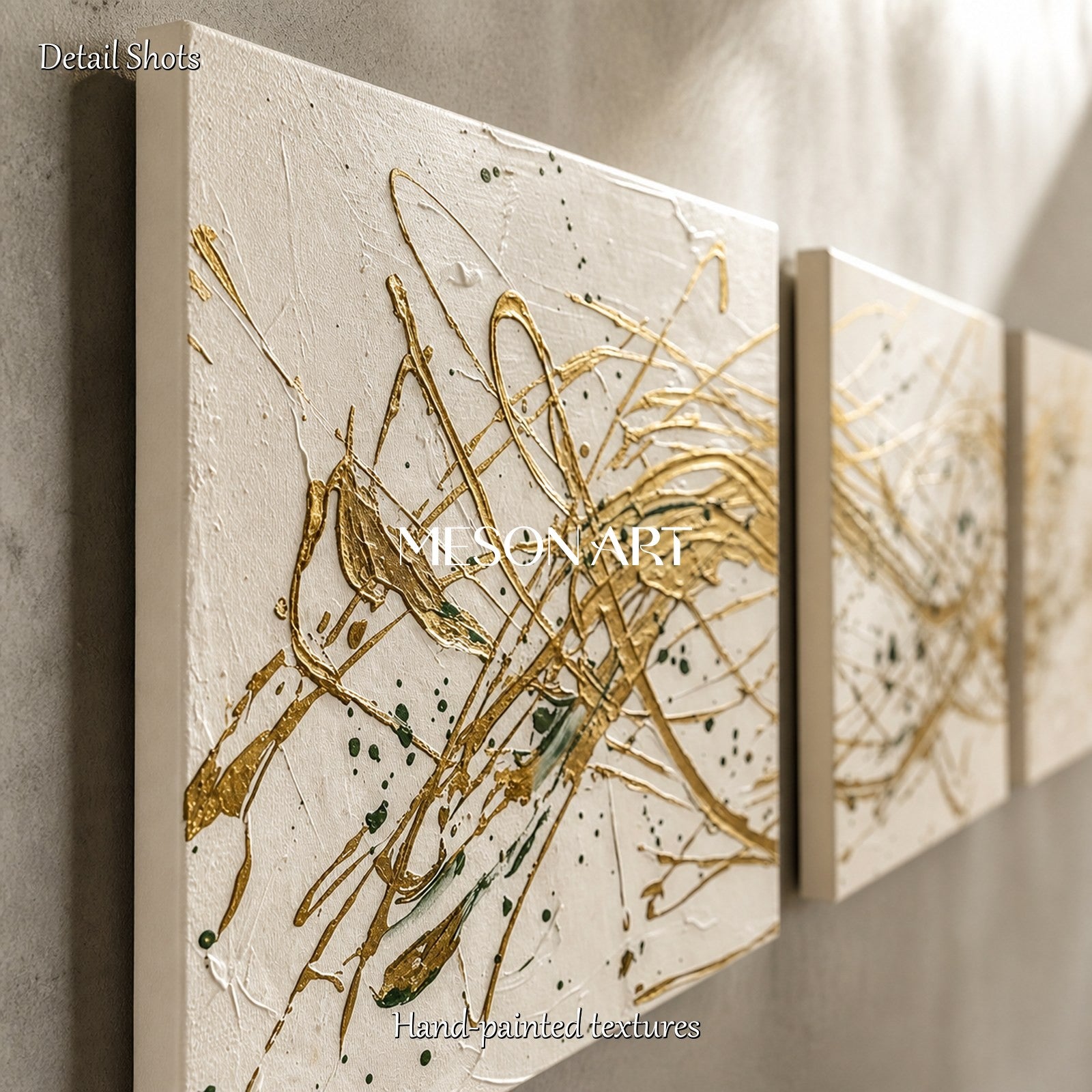 Beige And Gold Pollock Inspired Drip Painting Square Wall Art For Living Room By Mesonart