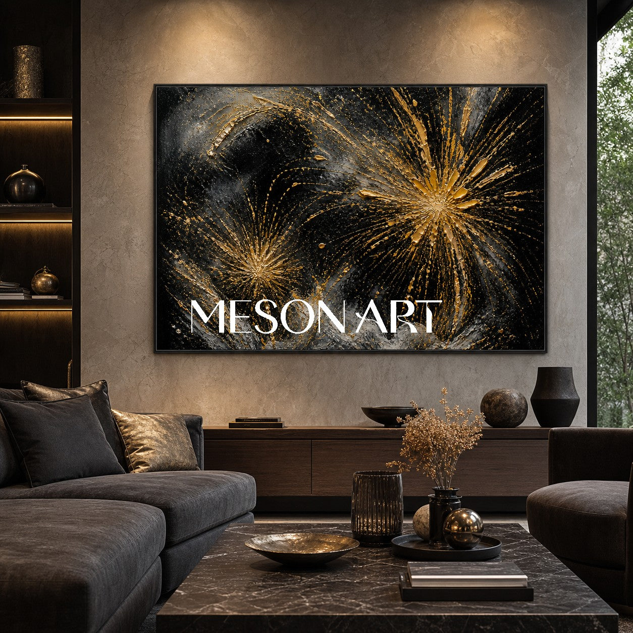 Luxury Black And Gold Abstract Art With Textured Relief For Modern Living Room Decor