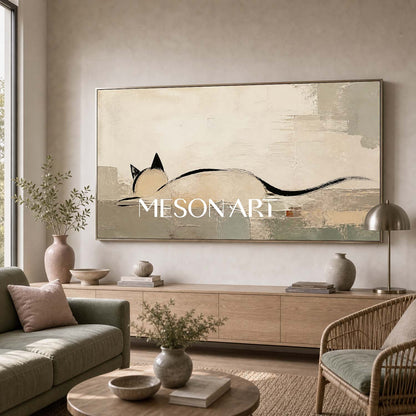 Minimalist Cat Wall Art Large Abstract Painting Beige Black Tones For Modern Living Room Decor