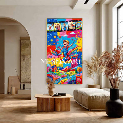Colorato dipinto surrealista di ragazzo su uccello per la stanza dei bambini arte da parete