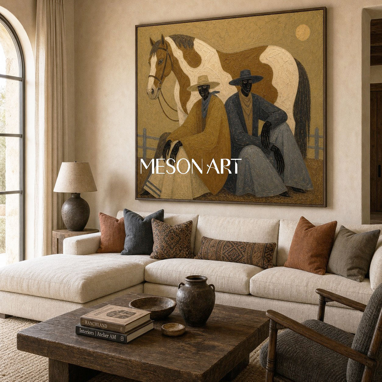 Earthy Textured Cowboy And Horse Painting For Modern Farmhouse Living Room Decor
