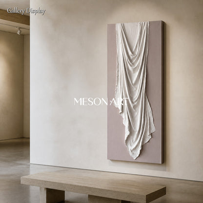 White And Beige 3D Textured Wall Art Minimalist Sculptural Panoramic Painting By Mesonart