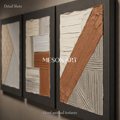 Minimalist Brown White Textured Wall Art Triptych For Modern Living Room Decor