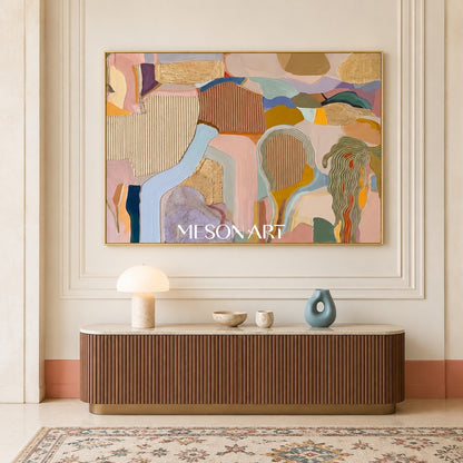 Beige And Gold Abstract Textured Organic Geometric Contemporary Rectangular Wall Art By Mesonart