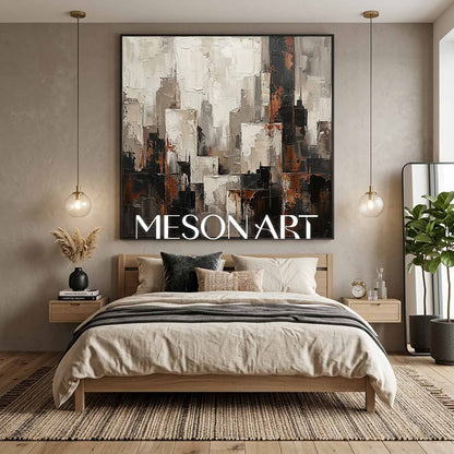 Abstract City Skyline Plaster Art With Thick Textured Relief For Industrial Loft Living Room