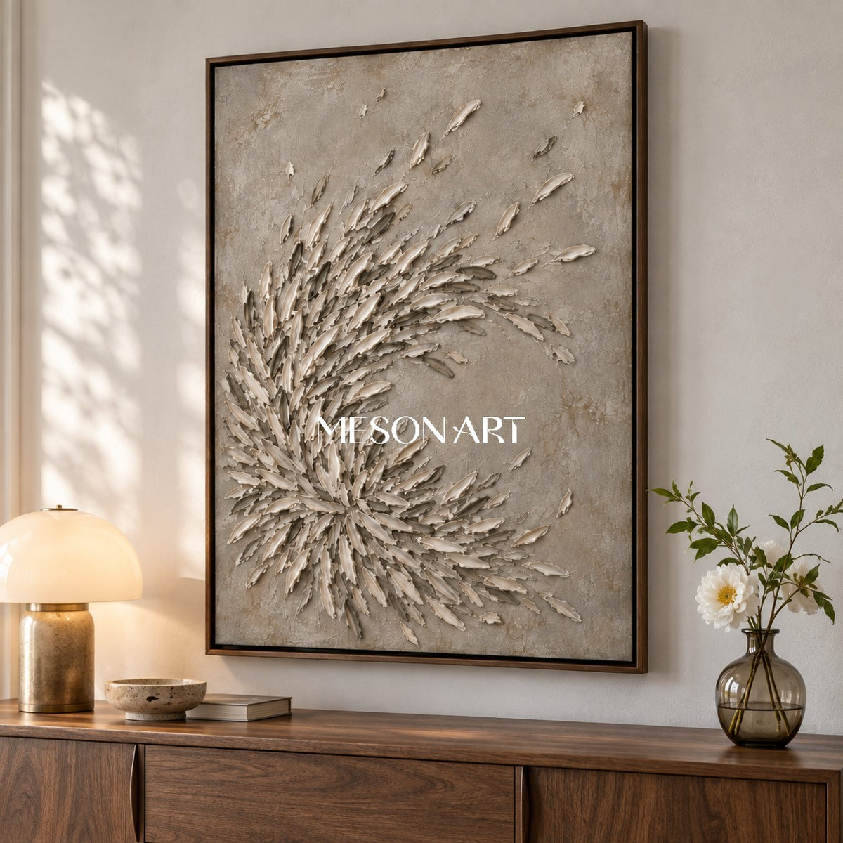 Beige And Gray Organic Minimalism Wall Art Rectangular For Living Room By Mesonart