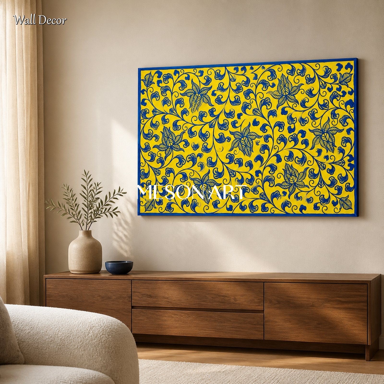 Yellow And Blue Islamic Persian Art Rectangular Wall Decor Inspired By Ottoman Design By Mesonart
