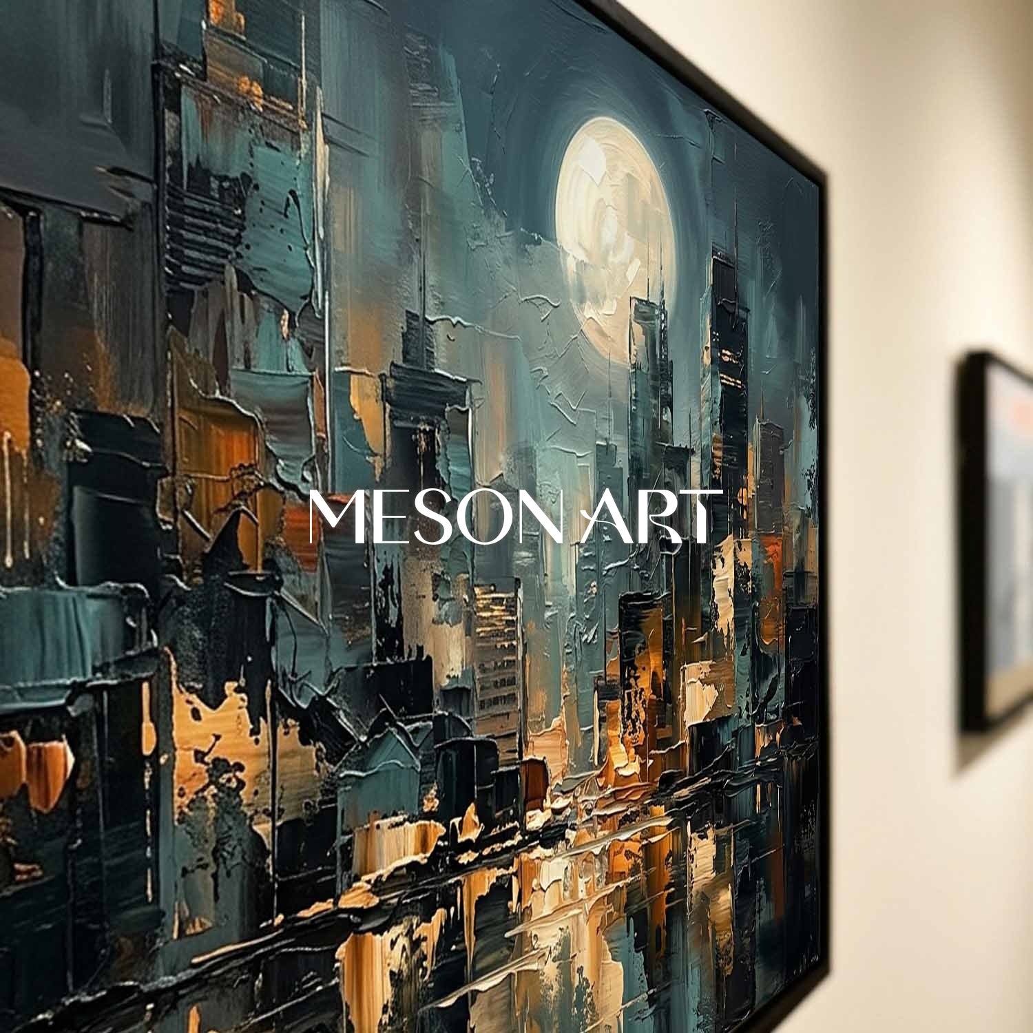 Abstract City Painting With Gold Accents For Modern Living Room Decor