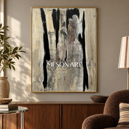Black And Beige Abstract Painting Original Artist Rectangular Wall Art For Living Room By Mesonart
